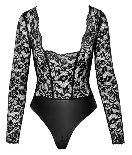 Noir Handmade Lace and Wet Look Long Sleeve Body XL