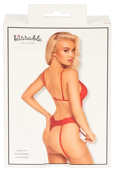 Kissable Suspender Body Red L/XL - Fine Lace, Gold Accents