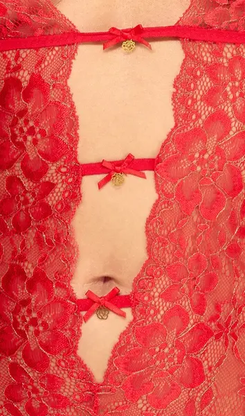 Kissable Body Red S/M - Elegant Lace Suspender Bodysuit, Gold Details
