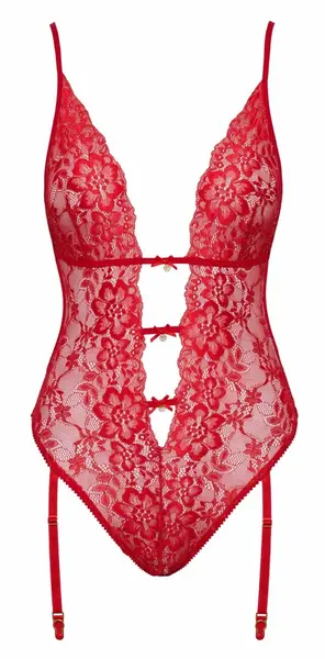 Kissable Body Red S/M - Elegant Lace Suspender Bodysuit, Gold Details