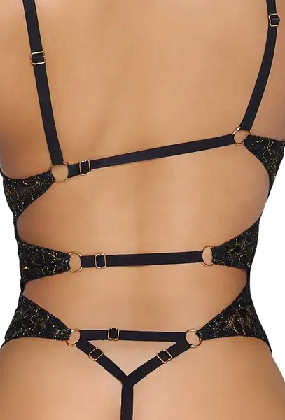 Abierta Fina Body Gold S - Elegant Lace Bodysuit with Metallic Threads