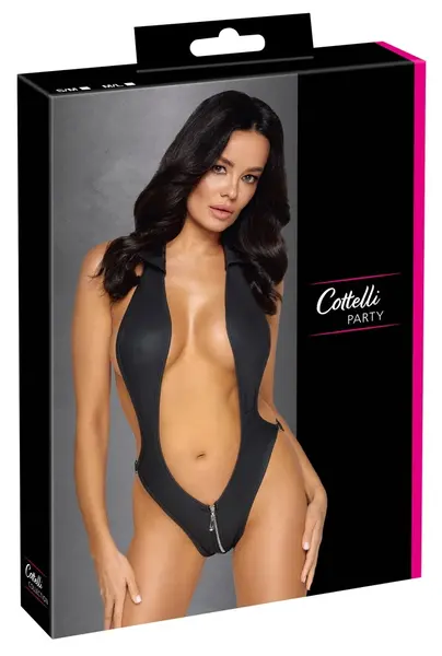 Cottelli PARTY Body M/L - Black Matte Look, Open Back, Collar Accent