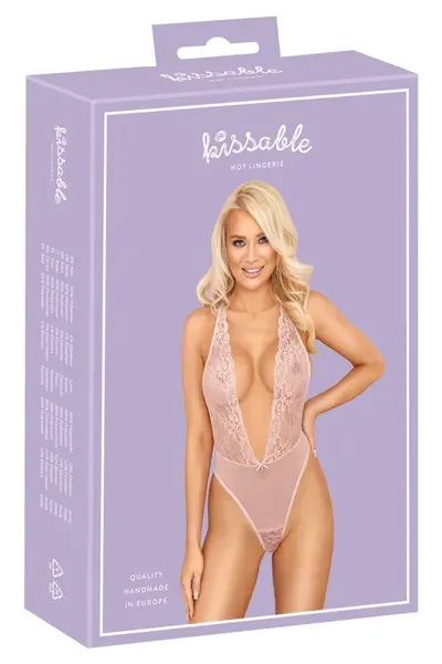 Kissable Bodysuit Pink L/XL - Delicate Lace & Powernet, Adjustable Straps
