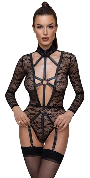 Cottelli LINGERIE Body Lace L Long-Sleeve, Adjustable Harness, Black