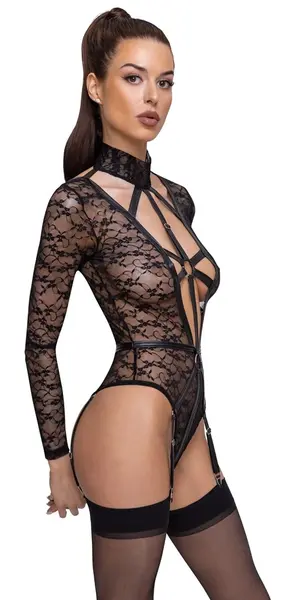 Cottelli LINGERIE Body Lace L Long-Sleeve, Adjustable Harness, Black