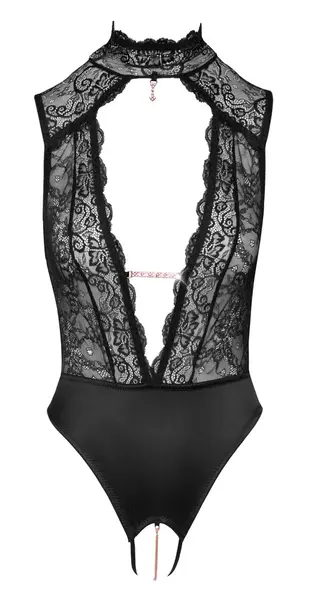 Abierta Fina Body Lace M - Lace & Satin Bodysuit with Rhinestone Details