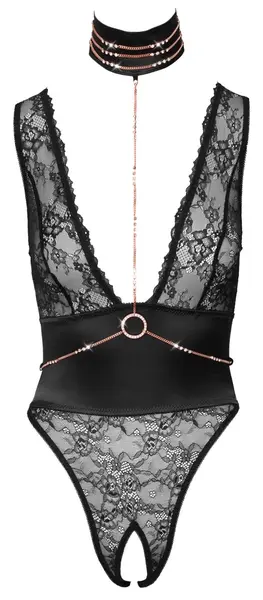 Abierta Fina Body Rhinestones S - Lace Design, Removable Chains, Black