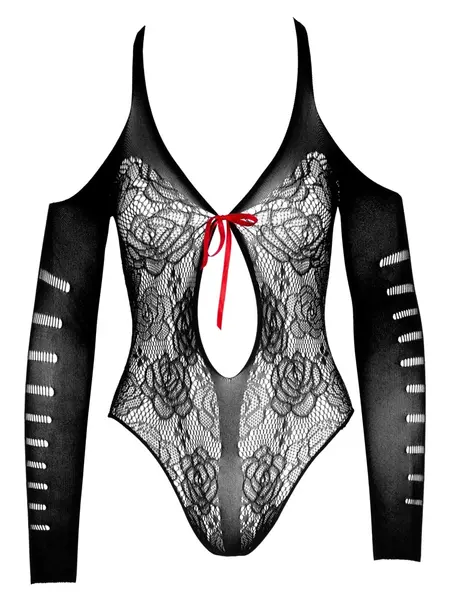 NO:XQSE Lace Body 3/4 Sleeves Open Shoulder Red Bow S-L