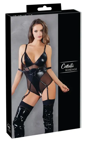 Cottelli Collection Bondage Body Ring L - Black Wet Look & Mesh, Adjustable Straps