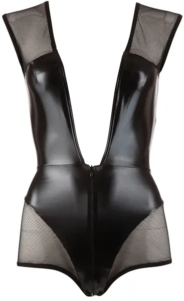 Cottelli Collection Black Sleeveless Bodysuit XL, Wet Look & Mesh, Zippered