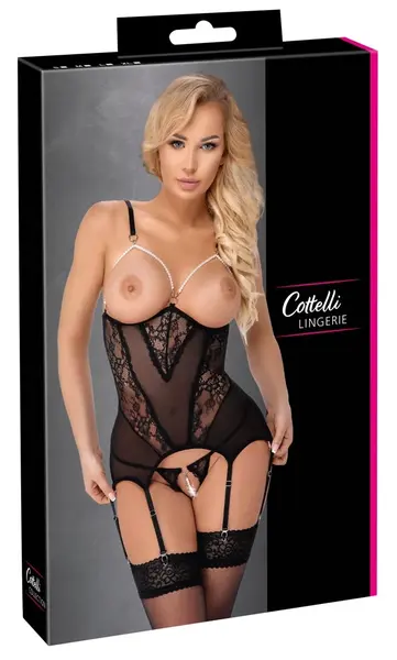 Cottelli Lingerie Cami Suspender Set with Decorative Pearls, Size S