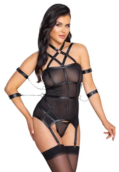 Cottelli Bondage Basque XL with Adjustable Arm Restraints, Black