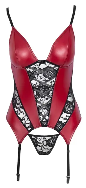 Cottelli Lingerie Basque Red/Black XL - Lace & Powernet Design