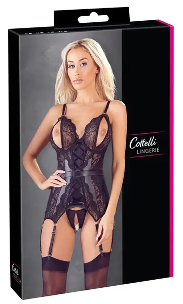 Cottelli Collection Basque Set M Matte & Lace, Crotchless, Black