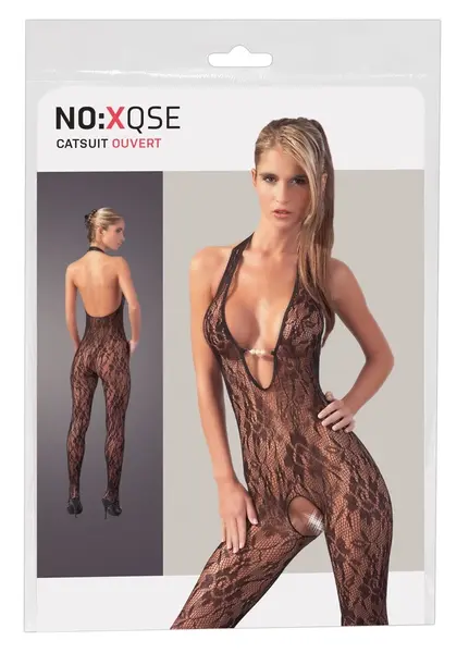Cottelli Collection Net Catsuit with Decorative Pearls L/XL Black
