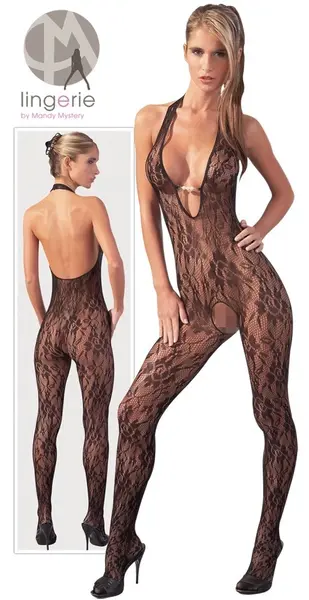 Cottelli Collection Net Catsuit with Decorative Pearls L/XL Black