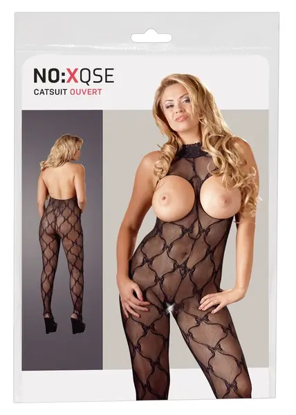 Cottelli Collection Lace Catsuit Open Bust XL-XXL Black, Footed, Halterneck