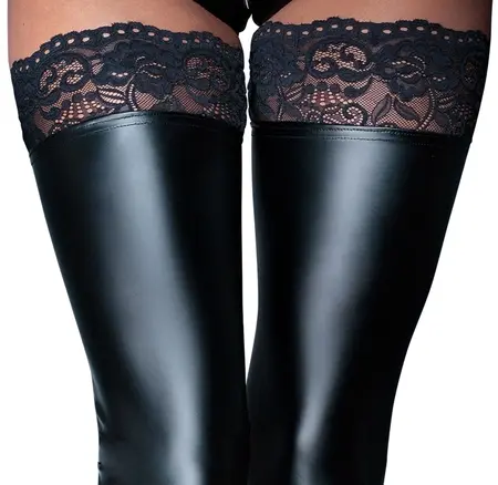 Cottelli Collection Lace-Top Wet Look Stockings XL Black Silicone Grip