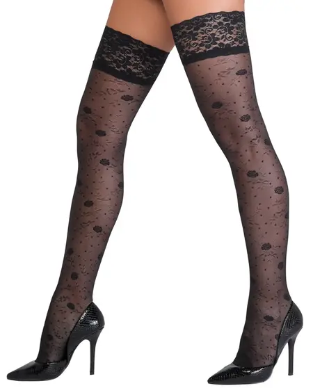 Cottelli Legware Rose Black Hold-Up Stockings 20 DEN Lace Trim