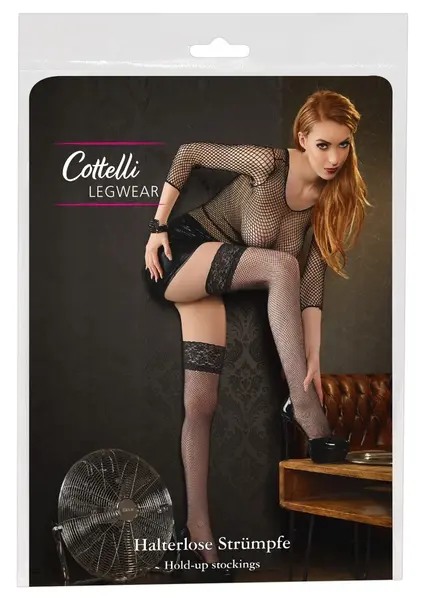 Cottelli Collection Net Hold-Up Stockings with Lace Top, Black, M/L