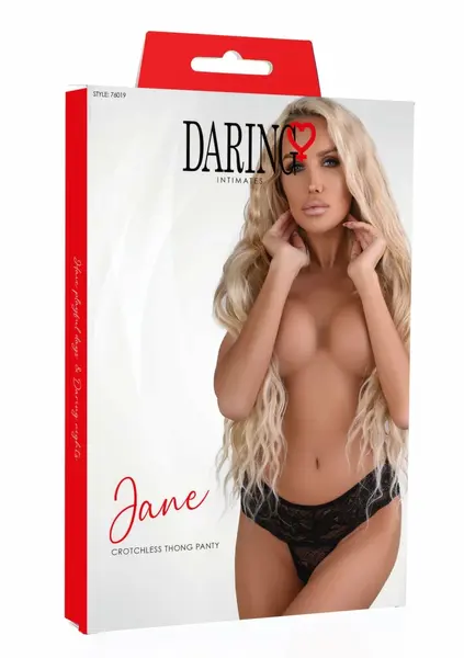 Jane Lace Crotchless Thong Panty S/M - Elegant Open Design, Black
