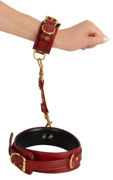 Bad Kitty Red Adjustable Hand and Thigh Restraint System, Gold Details