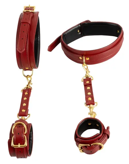 Bad Kitty Red Adjustable Hand and Thigh Restraint System, Gold Details
