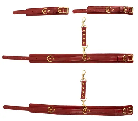 Bad Kitty Red Adjustable Hand and Thigh Restraint System, Gold Details