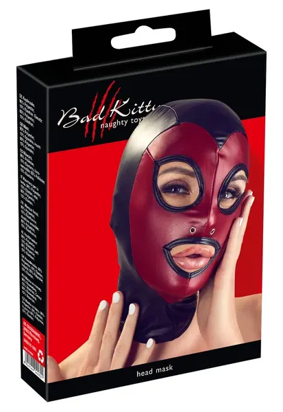 Bad Kitty Head Mask Red & Black Stretch Hood Unisex One Size