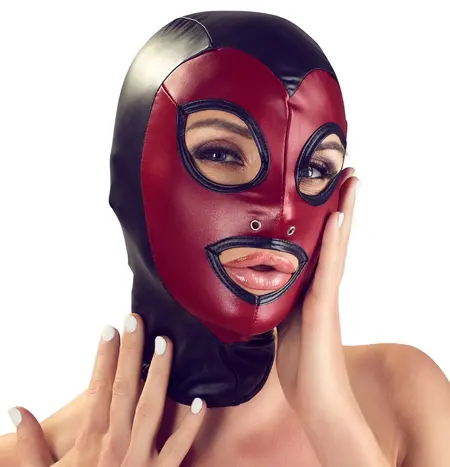 Bad Kitty Head Mask Red & Black Stretch Hood Unisex One Size