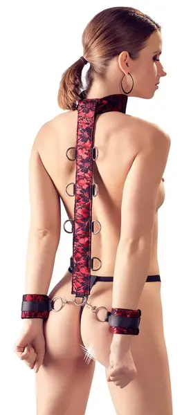 Bad Kitty Adjustable Satin & Lace Collar with Handcuffs - Red/Black