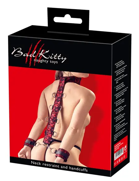 Bad Kitty Adjustable Satin & Lace Collar with Handcuffs - Red/Black