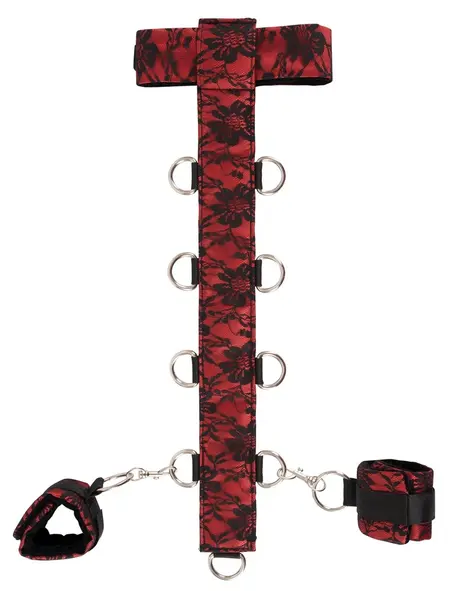Bad Kitty Adjustable Satin & Lace Collar with Handcuffs - Red/Black