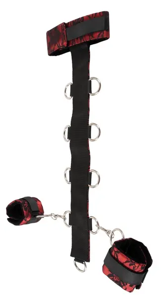 Bad Kitty Adjustable Satin & Lace Collar with Handcuffs - Red/Black