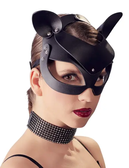 Bad Kitty Cat Mask Black Imitation Leather with Rhinestone Accents