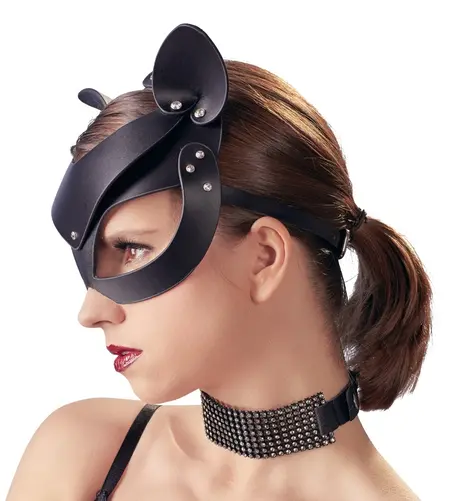 Bad Kitty Cat Mask Black Imitation Leather with Rhinestone Accents
