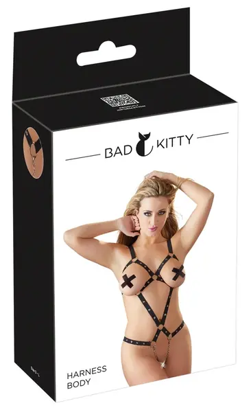Bad Kitty Strap Body S-L Adjustable Black Harness with Chains