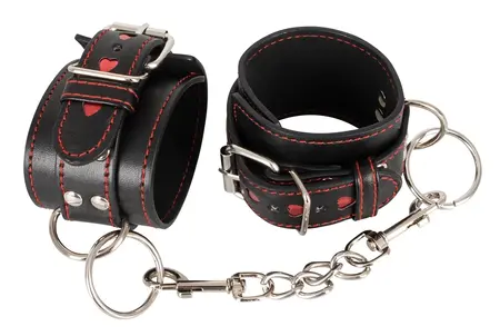 ZADO Adjustable Black-Red Wrist Restraints with Heart Motif PU Leather