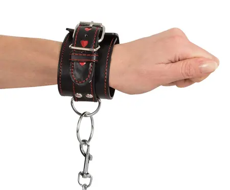 ZADO Adjustable Black-Red Wrist Restraints with Heart Motif PU Leather