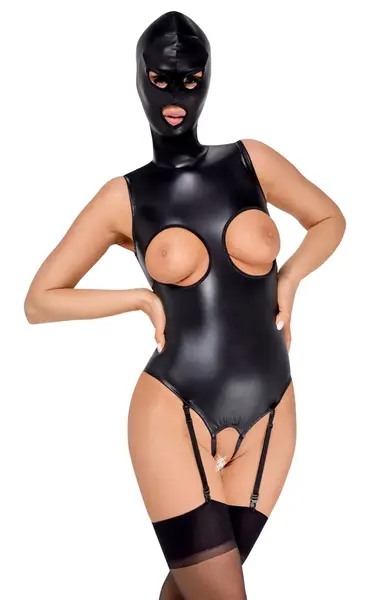 Bad Kitty Vegan Leather Suspender Body & Mask Set, Size S, Black