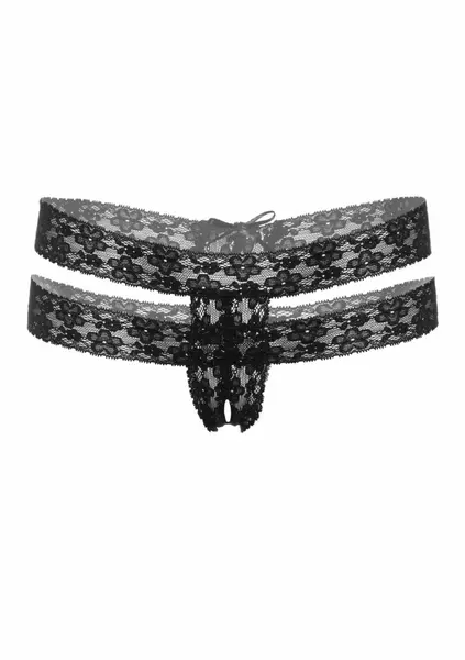 Lucy Crotchless Thong Panty Double Lace Strappy Black S/M L/XL
