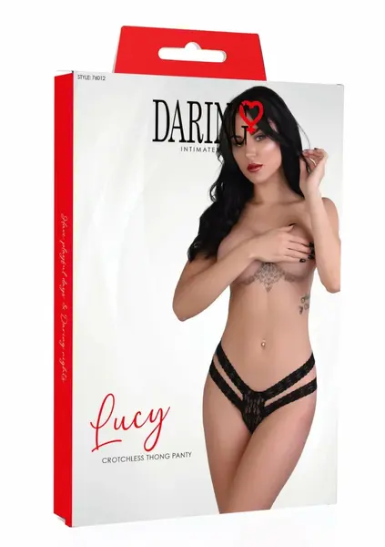 Lucy Crotchless Thong Panty Double Lace Strappy Black S/M L/XL