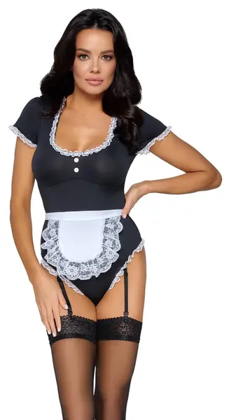 Cottelli COSTUMES Waitress Body M Lace Trim Adjustable Straps Black/White
