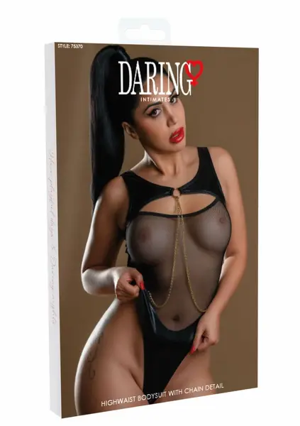 Highwaist Bodysuit With Chain - Mesh & Wetlook, Elegant Black, S/M