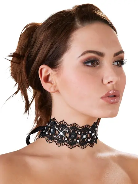 Cottelli Collection Black Choker Embroidered with Pearls & Rhinestones 36cm