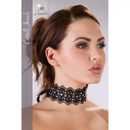 Cottelli Collection Black Choker Embroidered with Pearls & Rhinestones 36cm