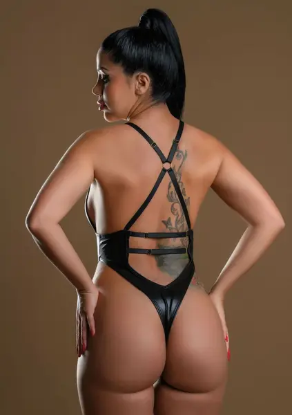 High-Waist Wetlook Bodysuit With Zipper, Adjustable Straps, Black