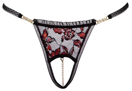 Cottelli Lingerie Lace String M/L with Removable Pearl Chain, Black/Pink
