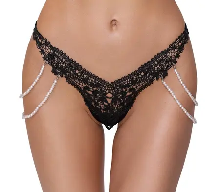 Cottelli LINGERIE String M/L with Removable Pearl Chains, Black Lace