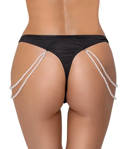 Cottelli LINGERIE String M/L with Removable Pearl Chains, Black Lace